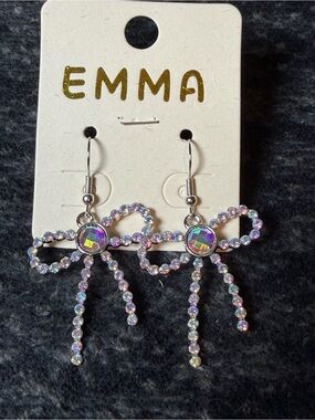 NWT EMMA Rhinestone Bow Dangle Earrings Silver Tone Statement Glam